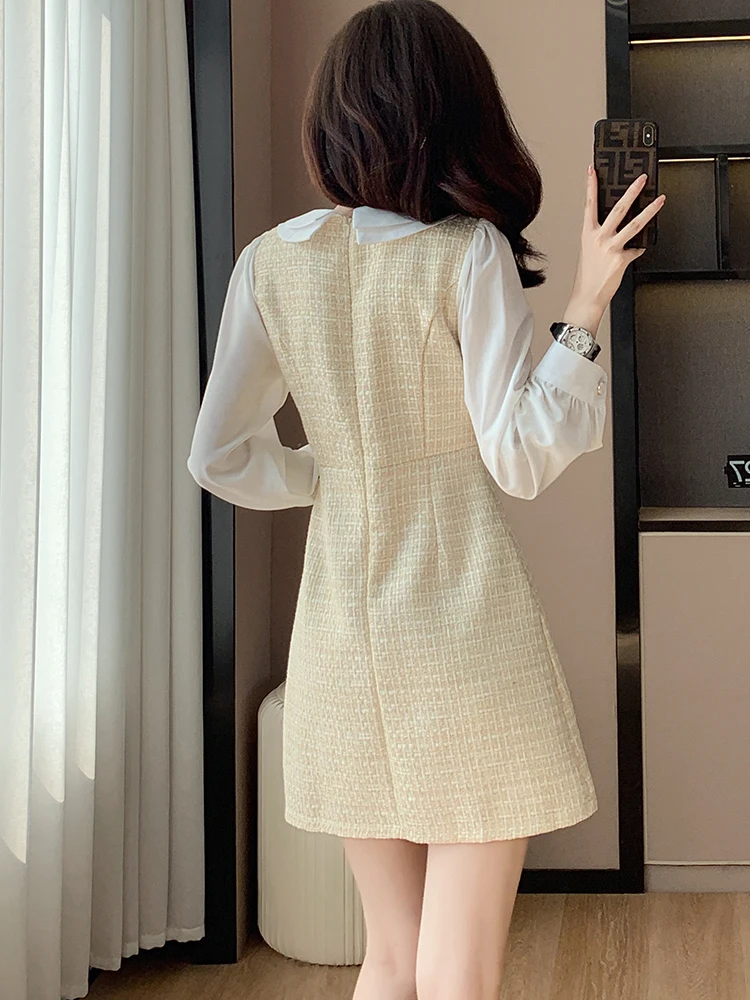 2024 клетчатое лоскутное платье-поло с воротником-поло осенне-зимнее Элегантное