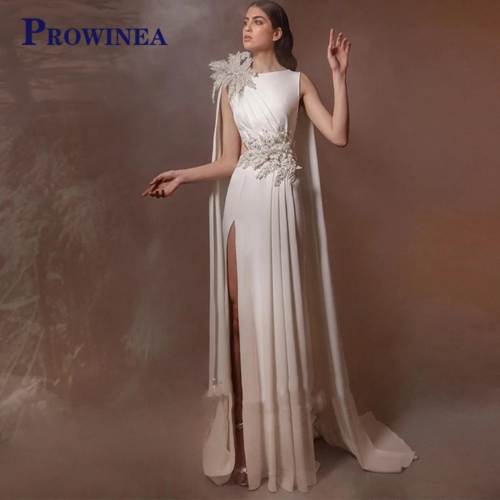 

Роскошное белое вечернее платье провинции Дубаи с накидкой и бисером, элегантные арабские Женские официальные платья с Боковым Разрезом дл...