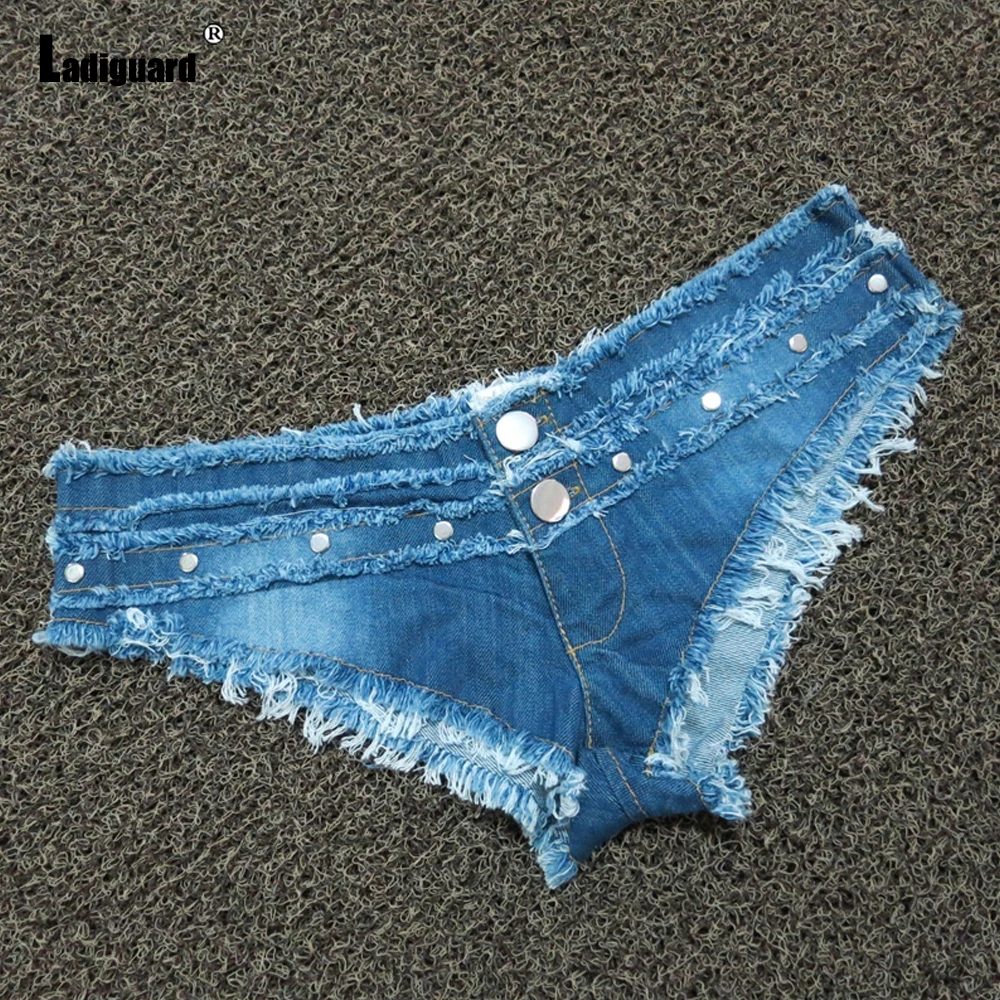 Ladiguard 2022 New Sexy Thong denim shorts Women Fashion Pearl Beading Short Jeans Slim Panties Female Vintage Ripped hotpants