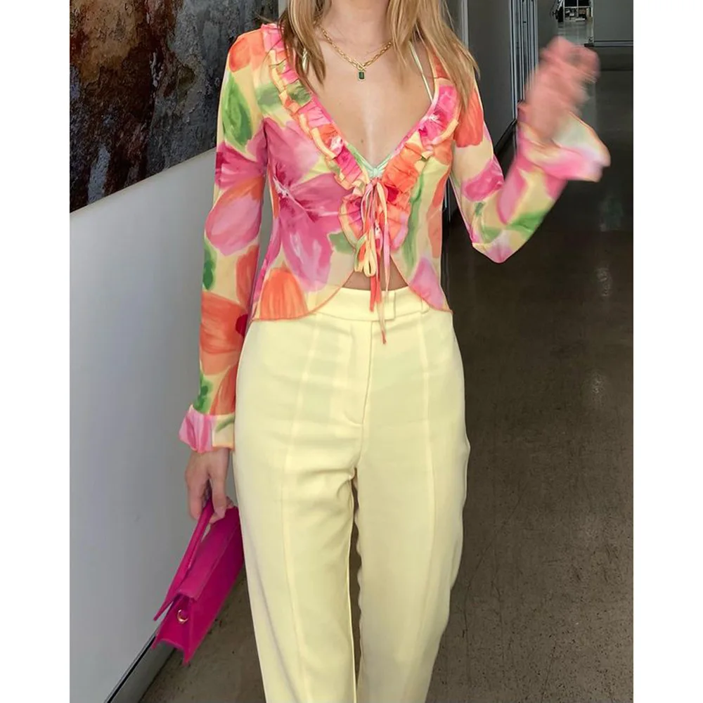 

Y2k Mesh Sheer Boho Printed Tops and Blouses Women Summer Long Sleeve Tie-up Cardigan Crop Tops Sexy See Through Shirts Female