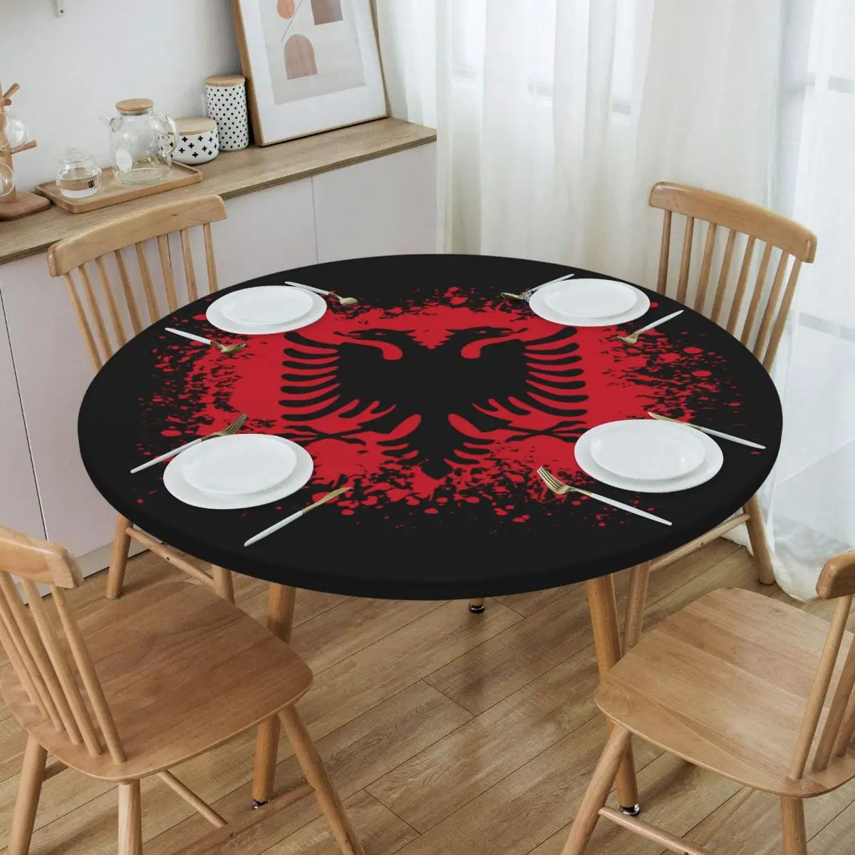 

Retro Albania Flag Tablecloth Round Fitted Waterproof Albanian Eagle Table Cover Cloth for Party