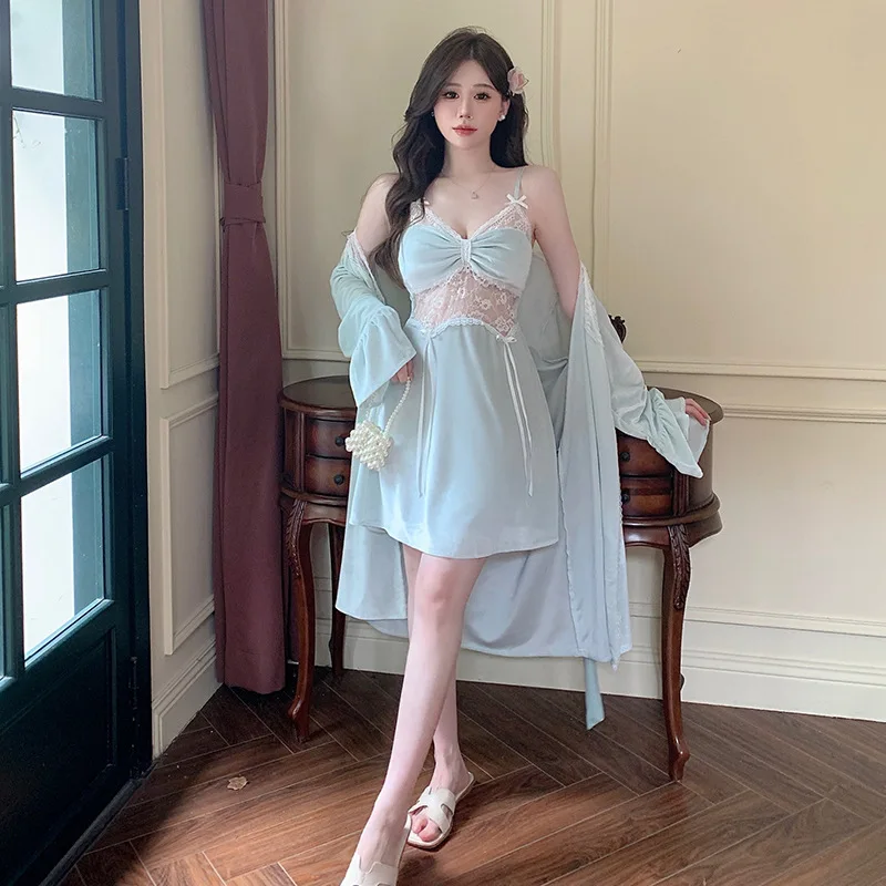 Комплект женский велюровый кружевной из 2 предметов халатный халат-кимоно одежда