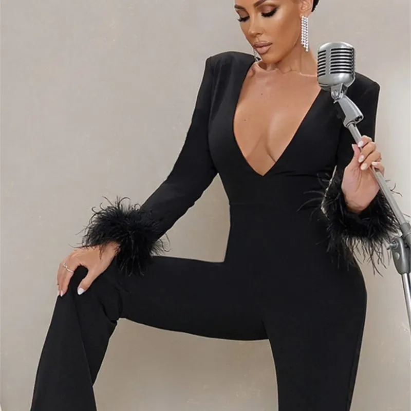 2022 New Winter Women's J umpsuit Sexy Long Sleeve V-neck  Feather Bodycon Bandage Jumpsuit Fashion Christmas Party Wear