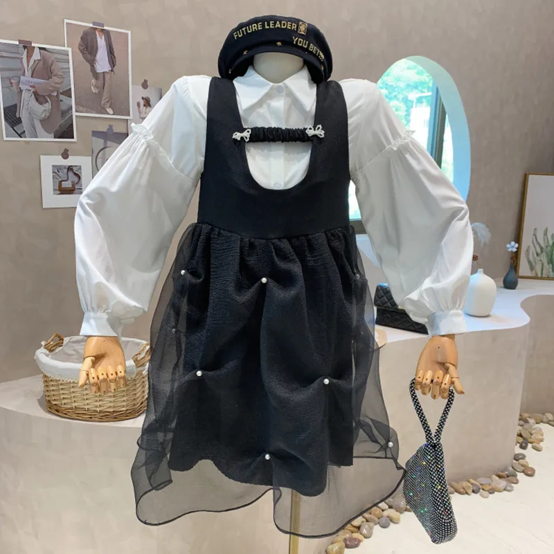

Niche Design New Women's Clothing 2022 Spring Vintage White Long Sleeves Shirt Tops Design Mesh Dress Sets two-piece Set