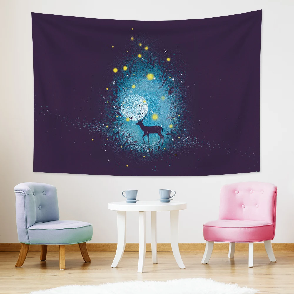 

Night Forest Moon Firefly Elk Tapestry Wall Hanging Carpet For Bedroom Living Room Dorm Tapestries Art Home Decoration