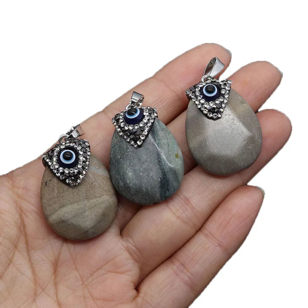 

Delicate Natural Stone Drop Shape Agate Pendant 23x33mm Inlaid Rhinestone Eyeball Charm DIY Necklace Earrings Jewelry Accessory