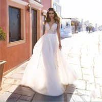 beach v neck off the shoulder wedding dress 2022 lace applique sleeveless boho a line bridal gown tulle backless robe de mariage