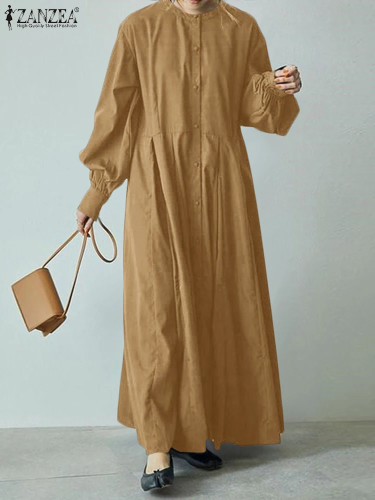 

ZANZEA 2022 Women Solid Puff Sleeve Dress Kaftan Maxi Long Shirt Dresses Fashion OL Lapel Neck Vestidos Robes Longue Oversized 1