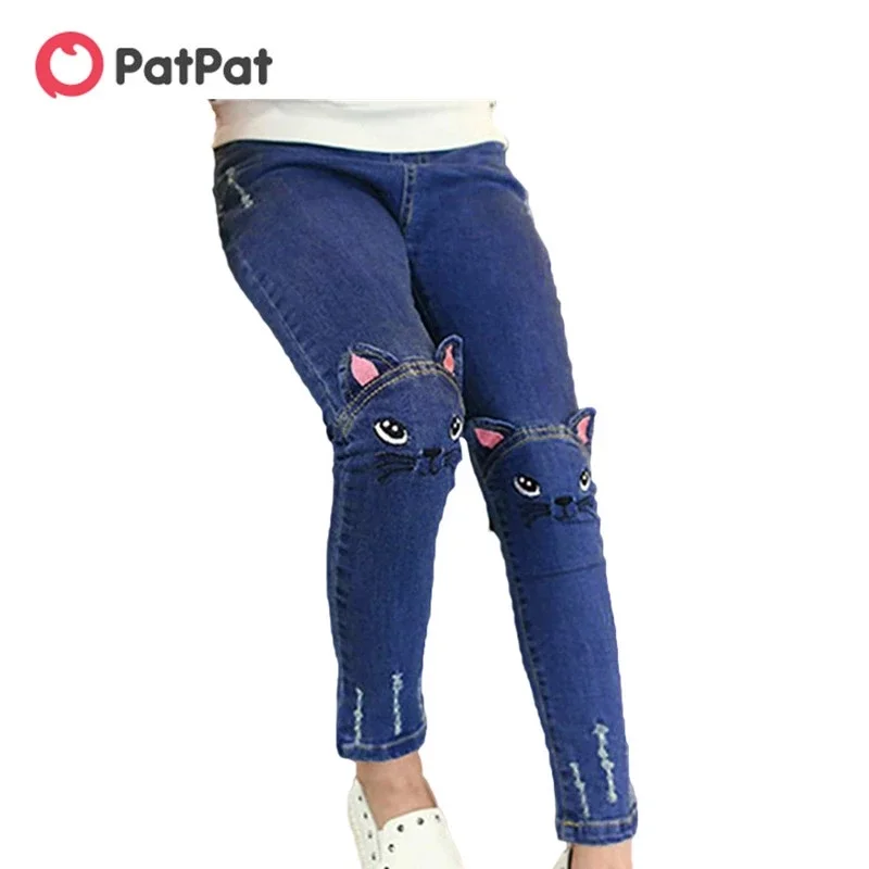 PatPat-pantalones vaqueros informales para niña y niño, pantalón con diseño de gato, ropa para niña, primavera y otoño, gran oferta