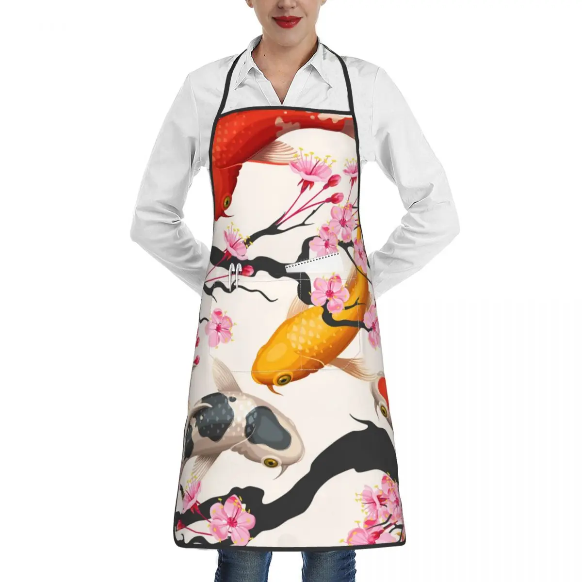 

Kitchen Household Cooking Apron Koi Fish And Sakura Cherry Men Oil-proof Waterproof Adult Waist Fashion Coffee Overalls Apron