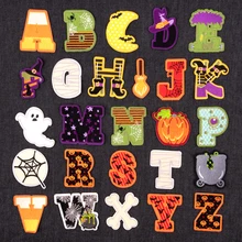 Halloween Themed Letter Patches Funny Pumpkin Ghost English Alphabet Embroidered For Clothes Bag Fusible Patch Sticker Badges