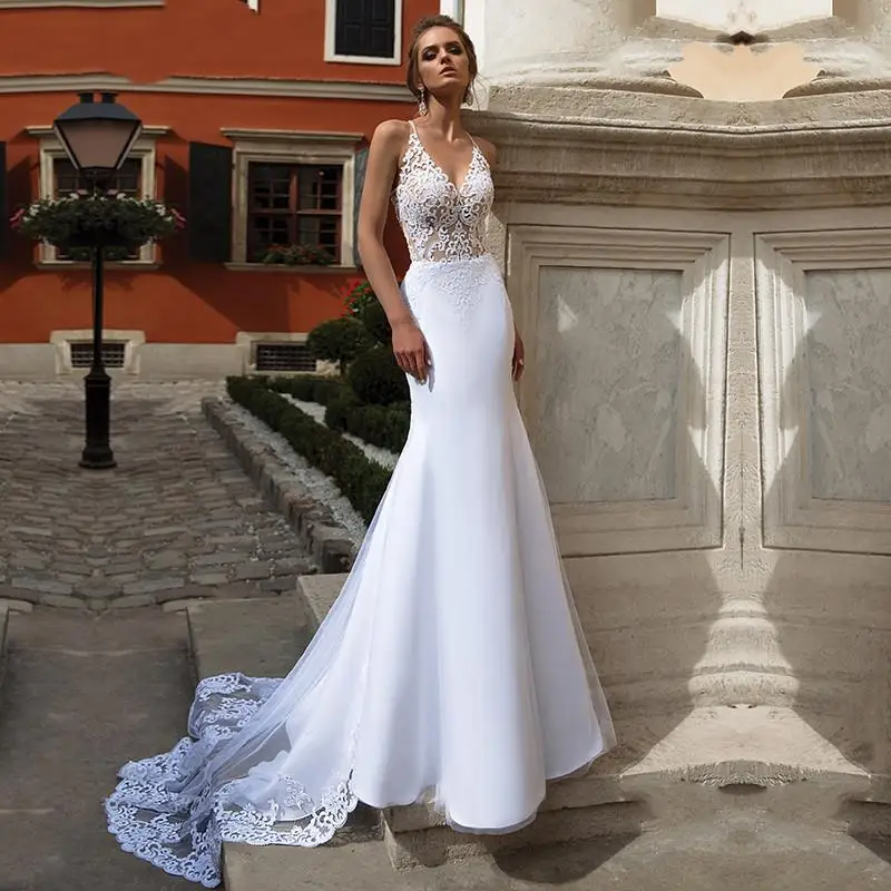 

Mermaid Wedding Dress Lace Appliques Sexy Backless Boho Bridal Dress Princess Wedding Party Gowns Women