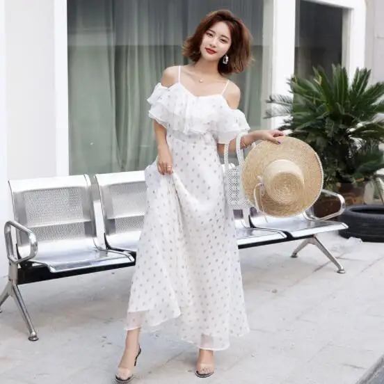 Женское шифоновое платье в стиле бохо Элегантное Длинное белое на лямках с