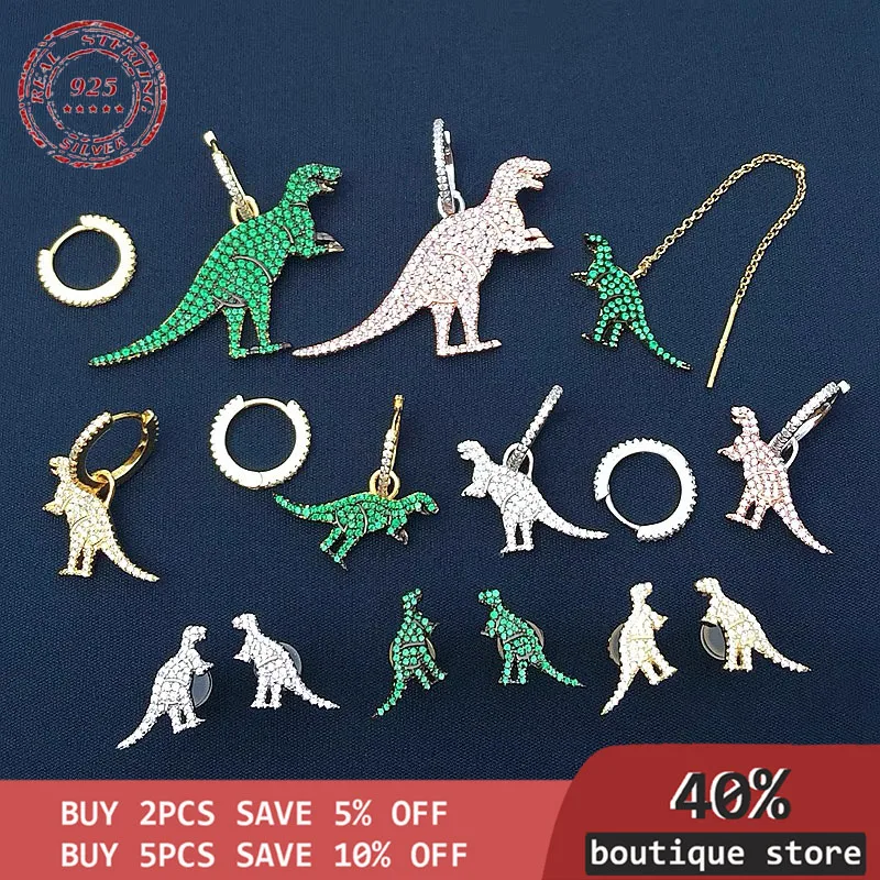 

S925 silver funny female stereo asymmetric luxury small green pink Mint jewelry dinosaur animal Earrings personality Necklace