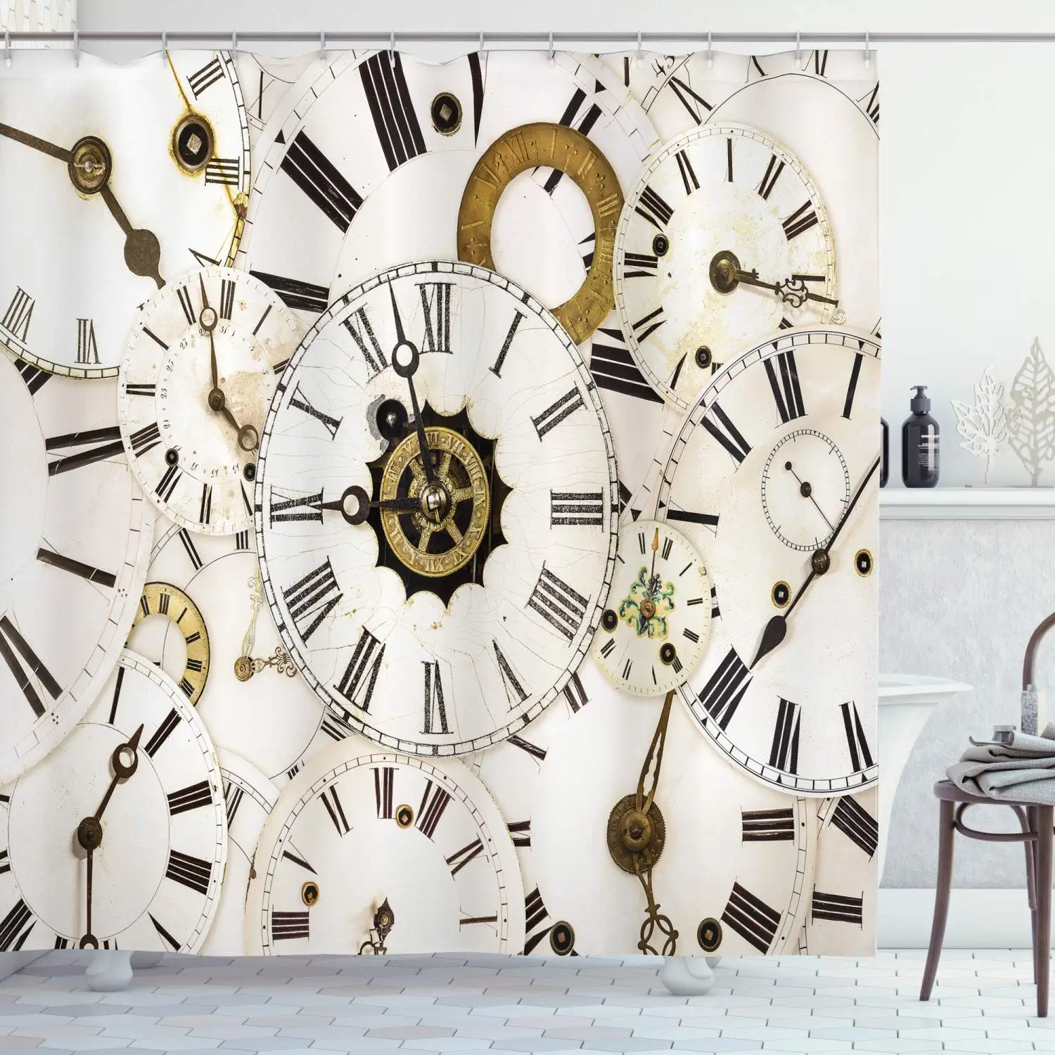 

Retro Steampunk Clocks and Gears Shower Curtain Mechanical Over Old Metal Cloth Fabric Bathroom Curtain Set,hooks Clocks Details