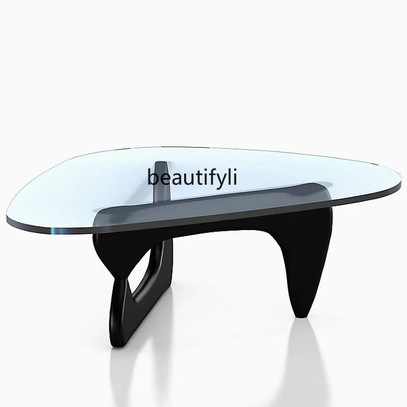 

zq Triangle Tea Table Tempered Glass Black Solid Wood Creative Art