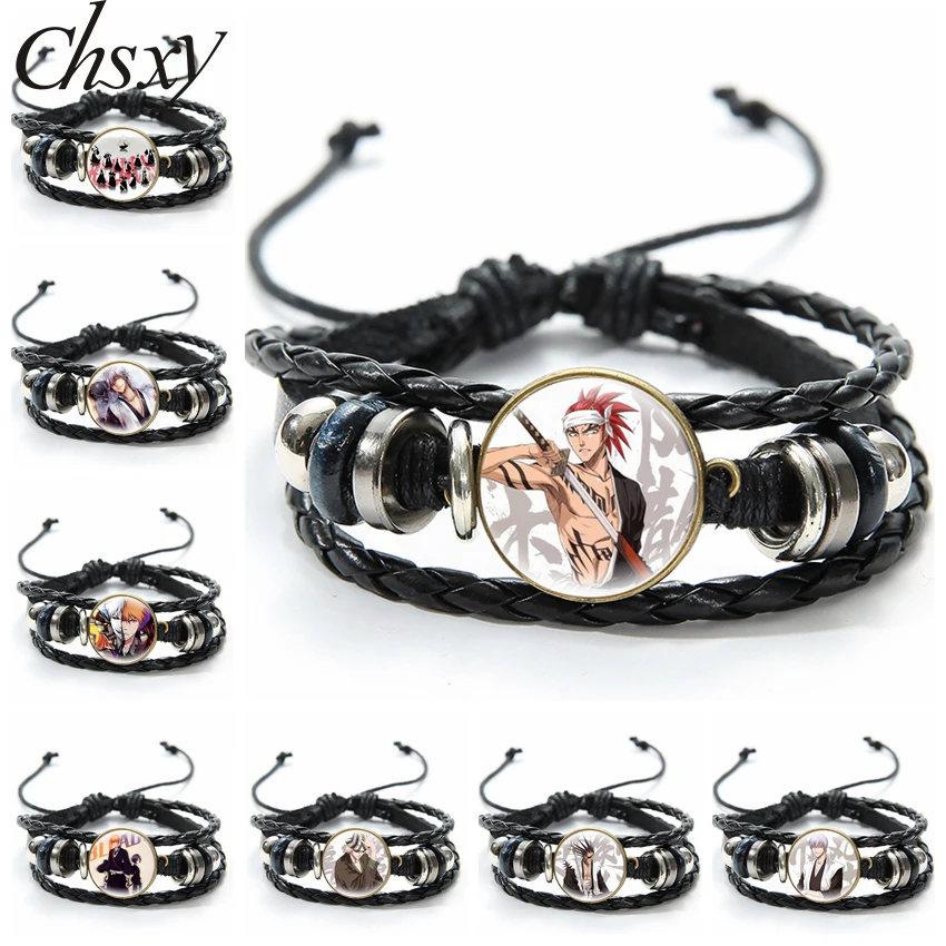 

Anime Bleach Cosplay Bracelet Cartoon Figure Kurosaki Ichigo Hitsugaya Toushirou Glass Cabochon Leather Bracelets Trendy Jewelry