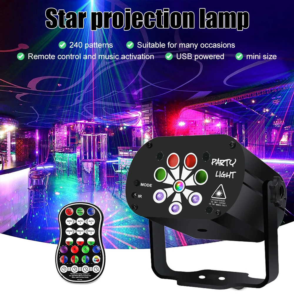 

240 Patterns DJ Disco Lamp Voice Control LED Starry Sky Projector Light Colorful Flash Stage Light Effect Party Christmas Decor