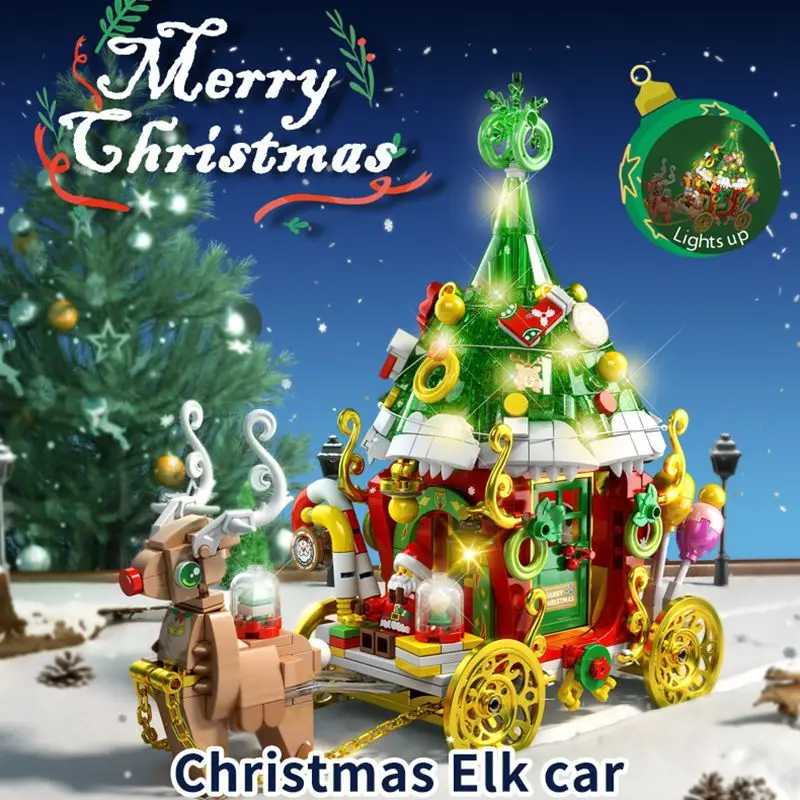 

2022 New Christmas Tree Reindeer Gingerbread House Model Sets Building Bricks Toy City Winter Village Train Santa Claus Elk