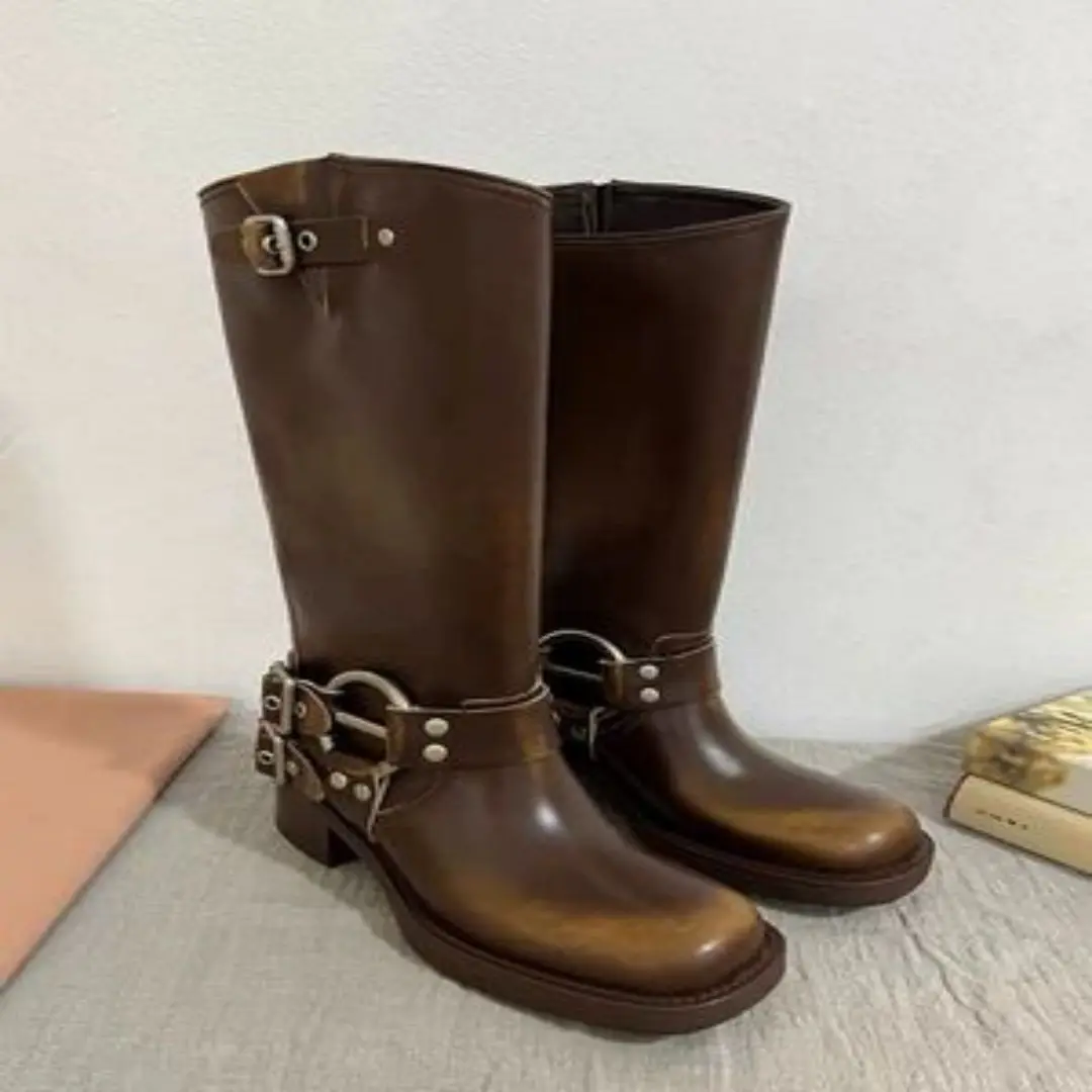 

Женские ботинки с пряжкой ремня в стиле пэчворк, женская обувь до середины икры с круглым носком, зимние ботинки мартинсы для женщин