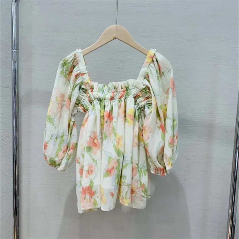 Женская шифоновая блузка с цветочным принтом приталенная винтажная Тонкая