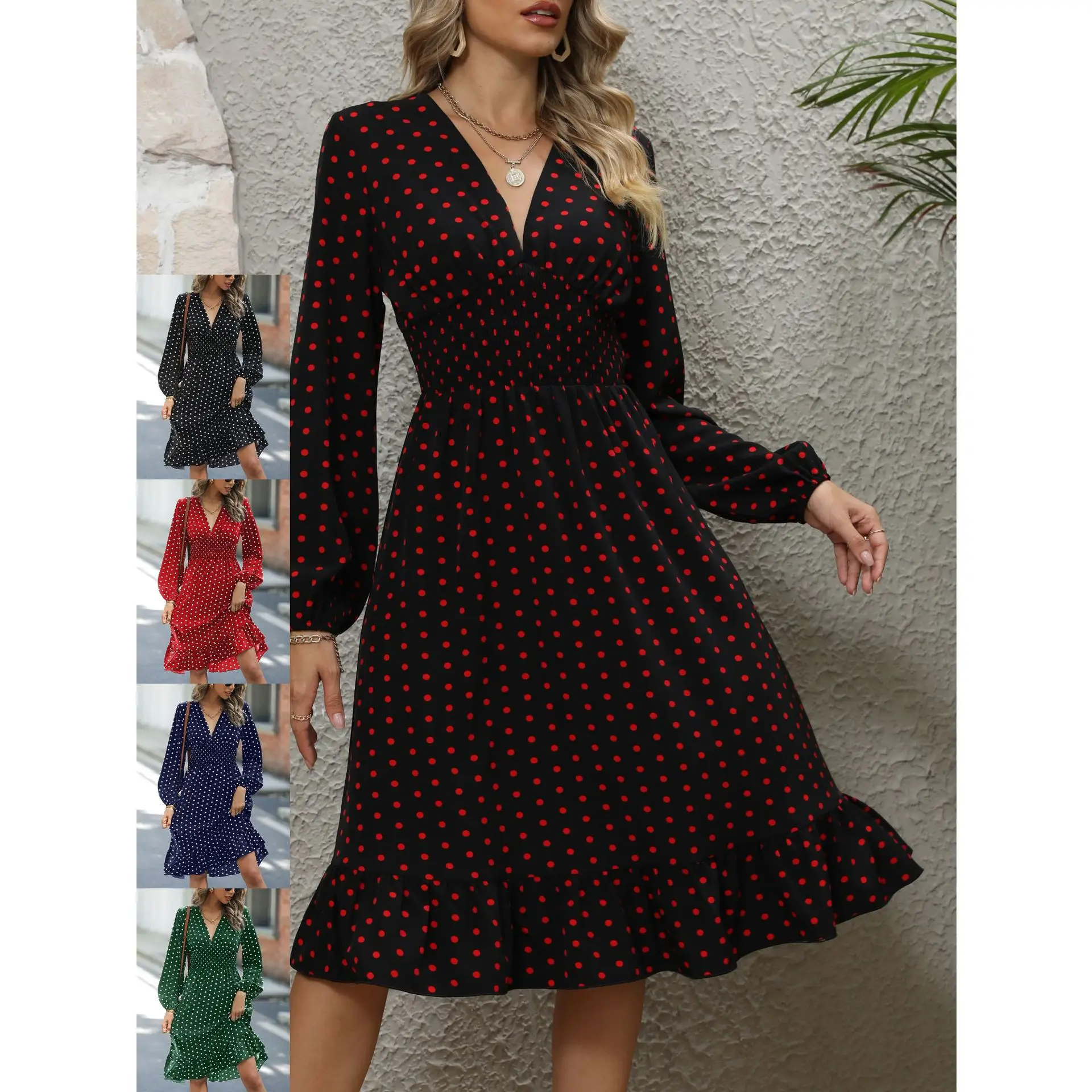 

Платье в горошек для женщин, осень 2023, новое элегантное платье с поясом