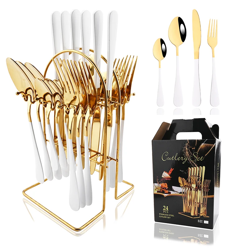 

24Pcs Black Gold Dinnerware Set Stainless Steel Cutlery Set Kitchen Tableware Knife Fork Spoon Western Home Flatware Silverware
