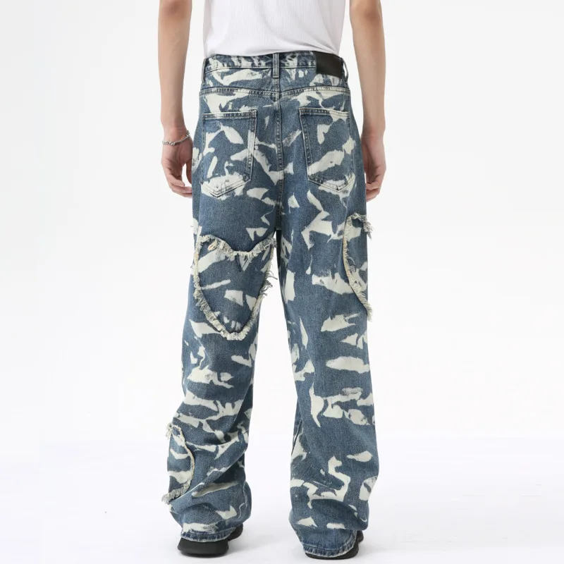 Мужская одежда осень 2024 уличные джинсы с принтом Love трендовые джинсовые брюки в