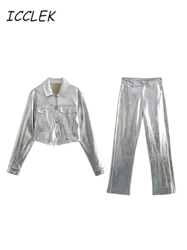 

Traf Silver Y2k Women's Pants Set 2023 New Metal Straight Pant Jacket Suit Shine Pencil Pants Vintage Casual Chic Classic Pants