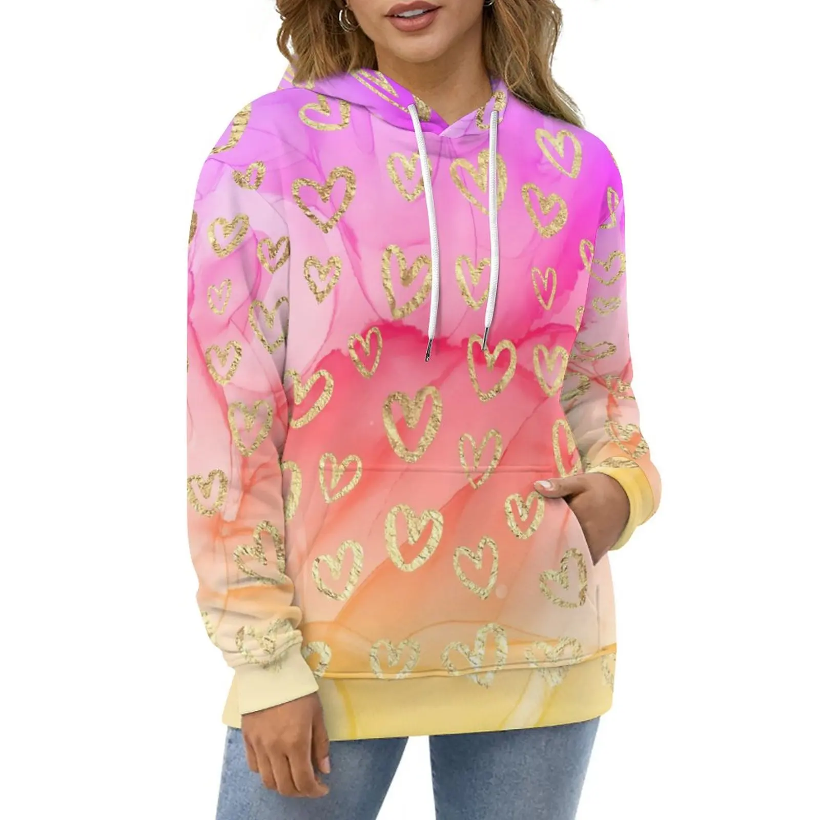 

Gold Hearts Hoodies Purple Pink Tie Dye Print Hip Hop Casual Pullover Hoodie Long-Sleeve Elegant Graphic Sweatshirts Big Size