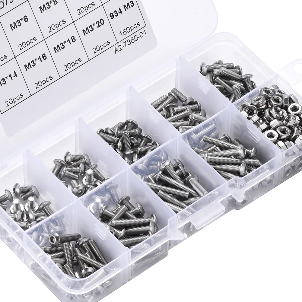 

340Pcs M3 Screws With Hex Nuts Bolt Cap Socket Set Stainless Steel Bolts And Nuts Hexagon Screw Combination Kit