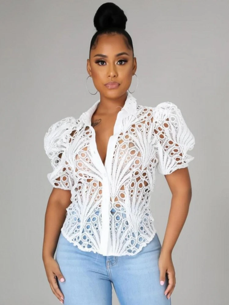 

2022 New Elegant Short Sleeve Hollow Out Mesh Lace Shirt Sheer See Through Top Blouse Clothing Dashiki African Shirts For Women
