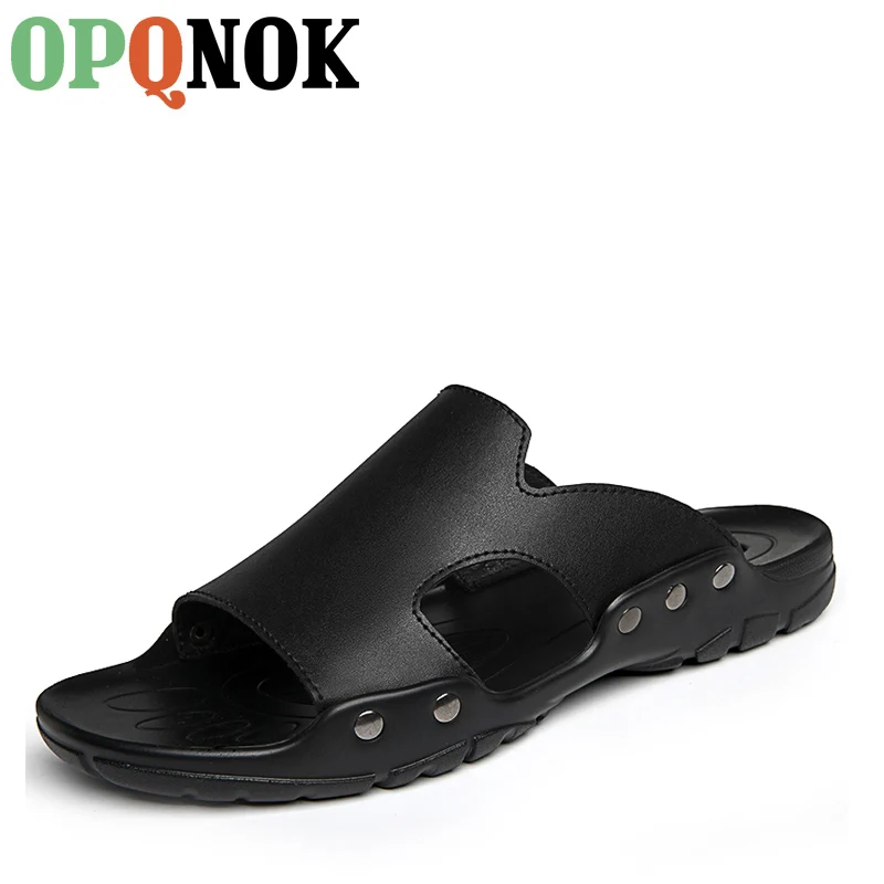 

OPQNOK Fashion Slippers Summer Genuine Cow Leather Men Shoes Lightweight Beach Sandals Casual Men's Flip Flops Big Size 38-52