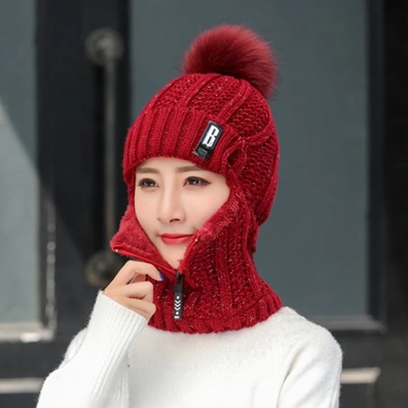 

Hot Sale Female Winter Knitted Hats Add Fur Lined Warm Winter Hats For Women With Zipper Keep Face Warmer Balaclava Pompoms Cap
