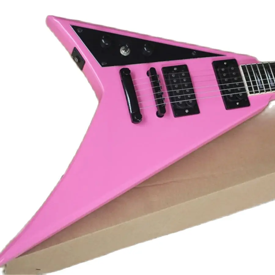 

6-струнная электрическая гитара V-образной формы под заказ, розовая противотелефонная гитара, красная подставка, черная твердая древесина, под заказ