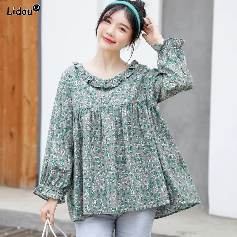 

Round Neck Pullovers Pleated Flare Sleeve Korean Loose Floral Pure Cotton Patchwork Supple Spring Summer Thin Women's Clothing