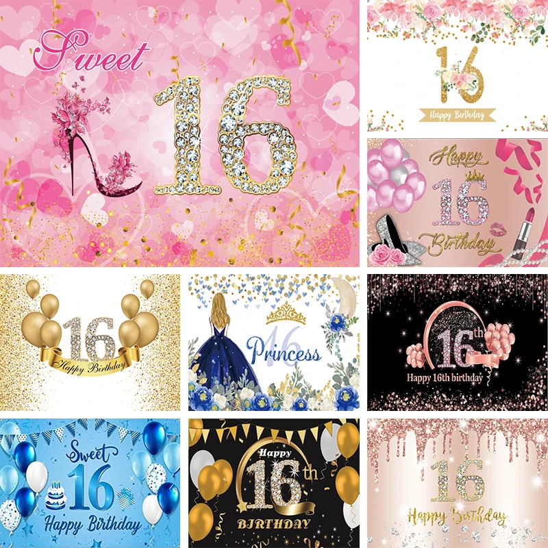 

Pink Glitter Sweet 16 Backdrop Princess Girls 16th Birthday Party Diamond High Heels Flowers Decorations Photography Background