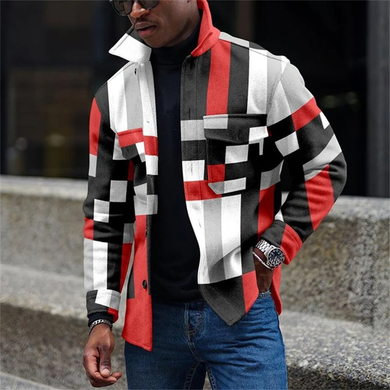 

Fashion Turndown Collar Buttoned Jackets Men Vintage Geometric Print Long Sleeve Outerwear Fall Winter Mens Leisure Slim Coats
