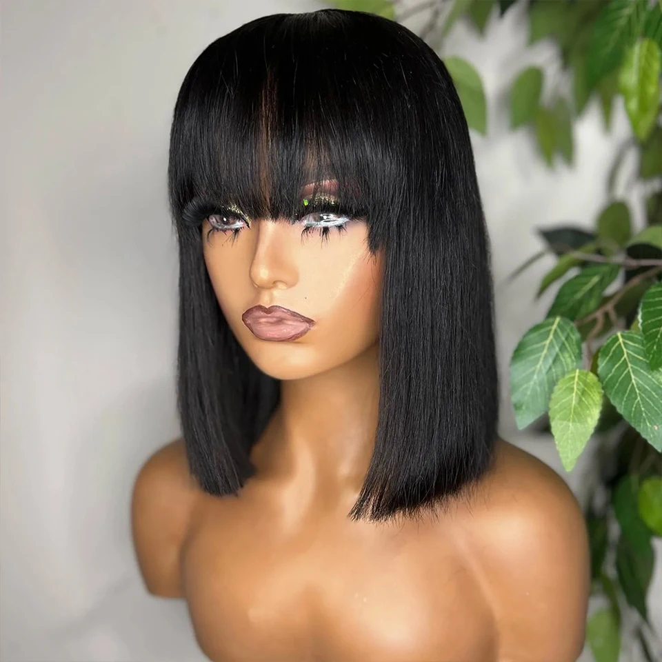 

Straight Short Bob Perruque Cheveux Humain 200 Density Glueless Human Hair Wigs for Women Machine Made Wig with Bangs Fringe