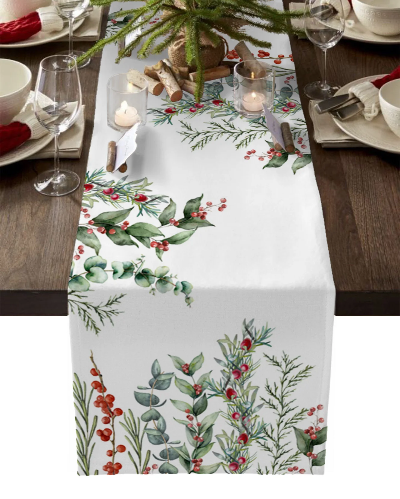 

Christmas Winter Berries Fir Tree Plant Christmas Home Decor Table Runner Wedding Decoration Tablecloth Kitchen Table Runners