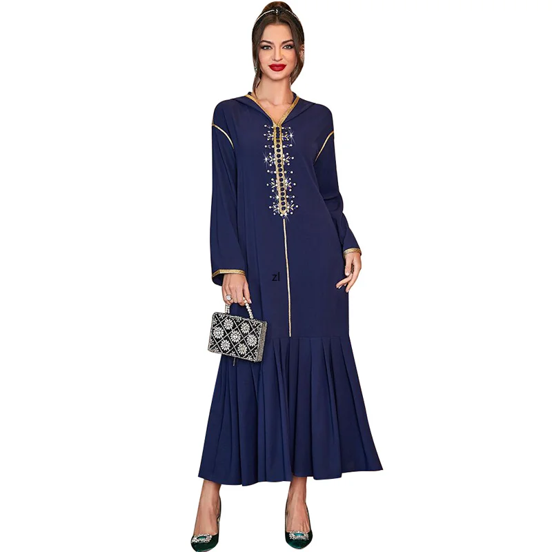 Arab Dubai Muslim Dress Women With Diamond Hooded  Islamic Clothing Spring Autumn Elegant Jalabiya Abayas Muslim Maxi Dress Robe