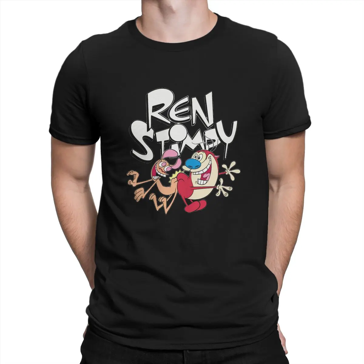 

Футболка мужская с рисунком из фильма Ren And Stimpy, винтажный топ с рисунком аниме в стиле панк, Полиэстеровая футболка с коротким рукавом из волокна в стиле Харадзюку, на лето