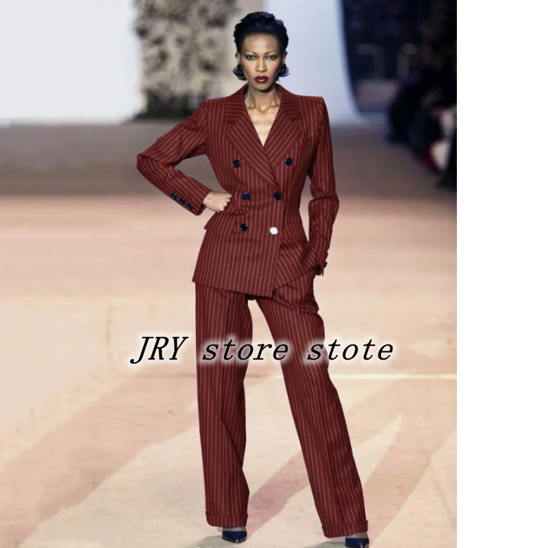 Women's Suit 2-piece Suit Fashionable Striped Double-breasted Slim Fit Handsome Lapel Collar Heroic Suitable for Business Ladies