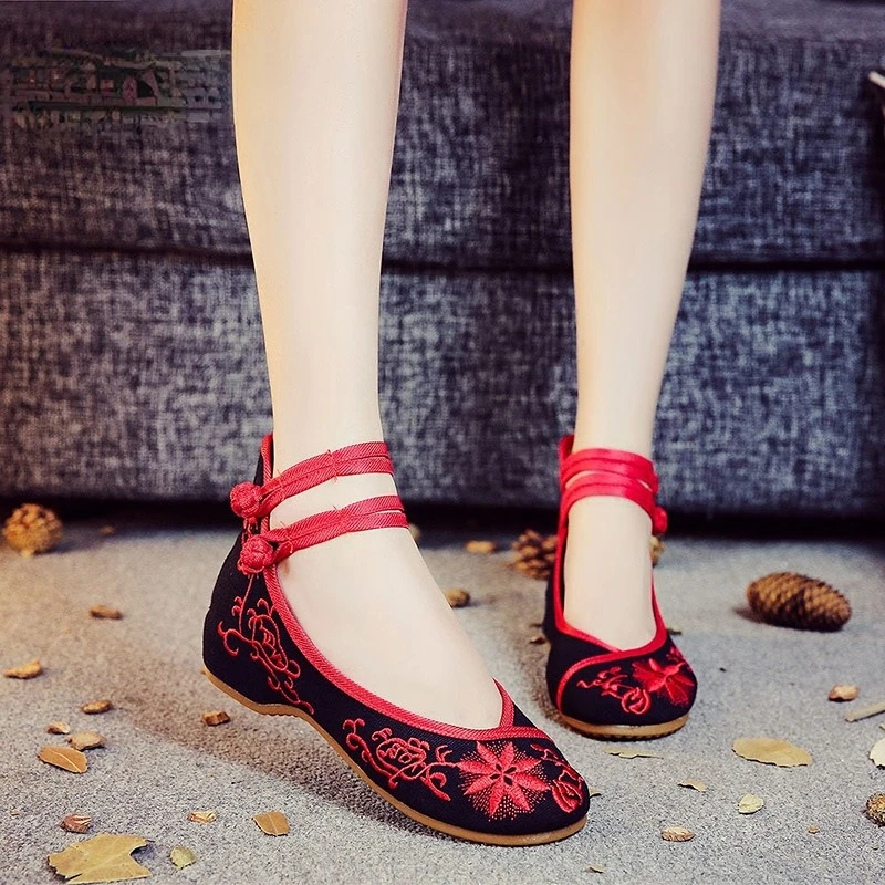 

Embroidered WomenBallet Flats Ankle Strap Ladies Casual Cotton Embroidery Ballerina Shoes Woman Flats