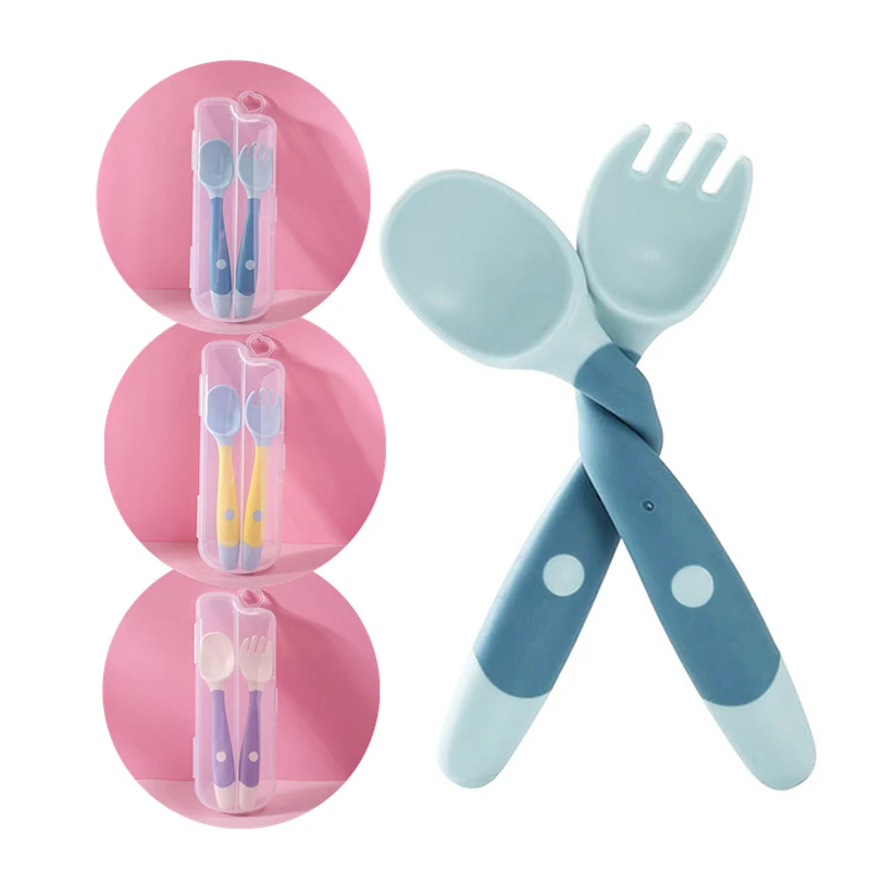 

Baby Spoon Fork Set Children Toddler Training Feeding Cutlery Utensil Soft Bendable Silicone Scoop Fork Kit PP Soft Tableware