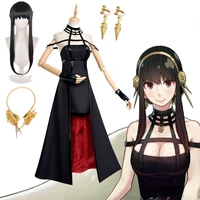 anime spy family yor forger cosplay killer assassin gothic halter black dress outfit uniform costume with leather arms