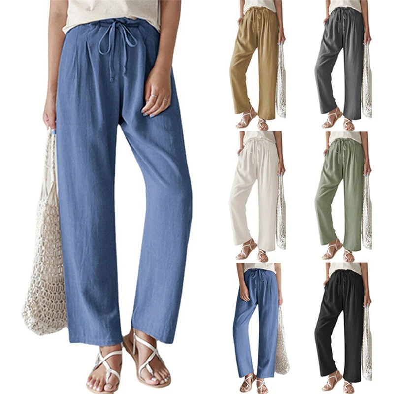 

Solid Color Drawstring Elastic Pants Waist Work Trousers Elegant Loose Double Pocket Casual Cotton Long Pants 2023 New