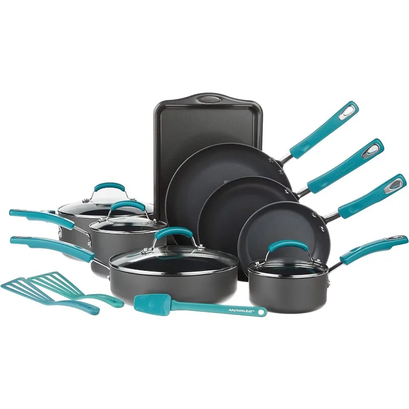 

Rachael Ray Classic Brights Hard Anodized Nonstick Cookware Pots and Pans Set, 15 Piece - Agave Blue