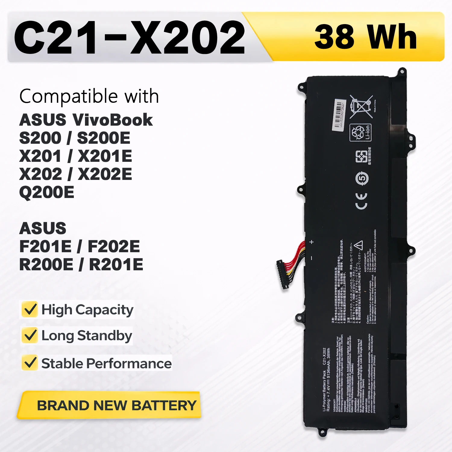 Фото Аккумулятор PowerHub C21-X202 7.4V 38Wh для ноутбуков ASUS VivoBook S200E X201E X202E F201E F202E R200E R201E Q200E №1