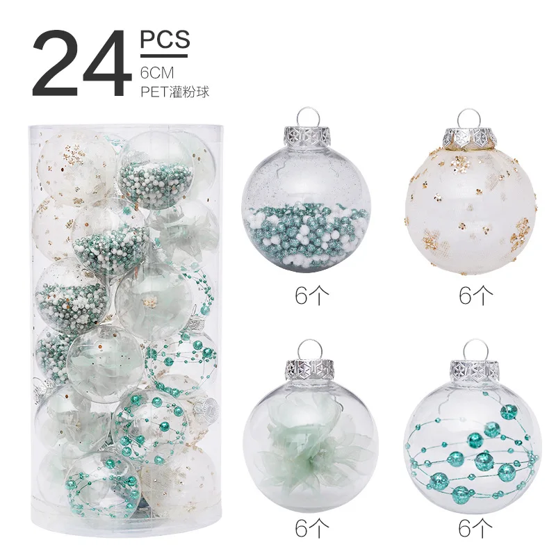 

24pcs/6cm Mint Green Painted Mesh PET Transparent Plastic Ball Christmas Tree Decoration Party Arrangement Set Pendant santa